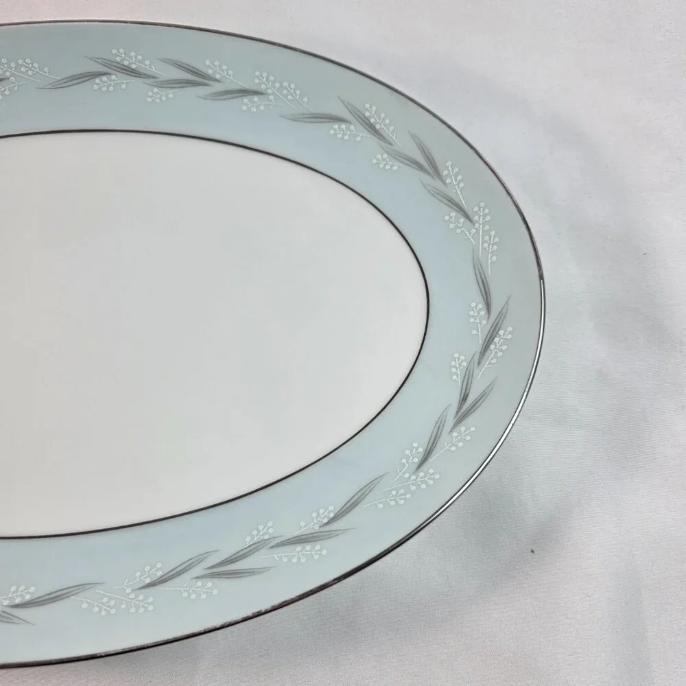Noritake Sheldon Serving Platter 12 Inch White with Aqua Band and White Flowers